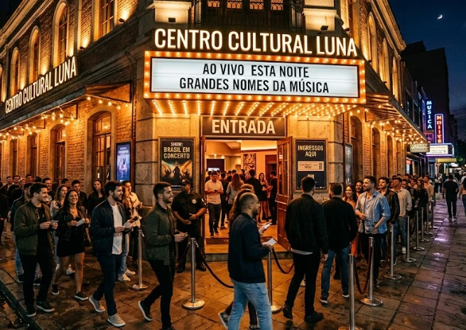 Fachada ou entrada de casa de eventos à noite com público chegando para show