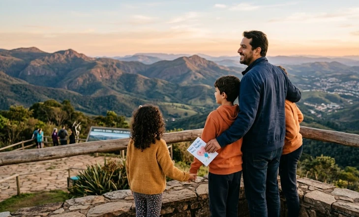 Pai e filhos contemplando as montanhas durante o Dia dos Pais em Poços de Caldas