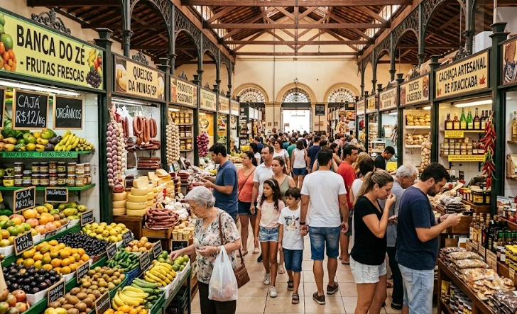 visitantes caminhando pelo Mercado Municipal de Piracicaba com bancas de alimentos e produtos regionais