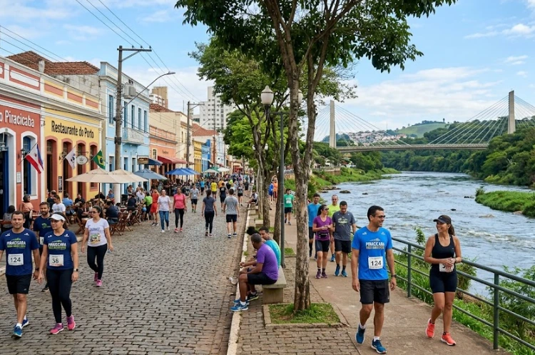 vista turística da Rua do Porto e do Rio Piracicaba para roteiro após corrida