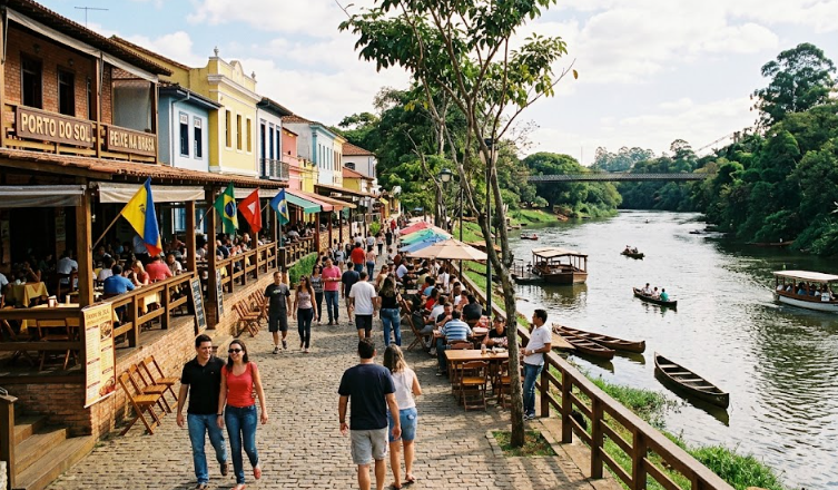 Rua do Porto em Piracicaba com restaurantes e vista para o Rio Piracicaba