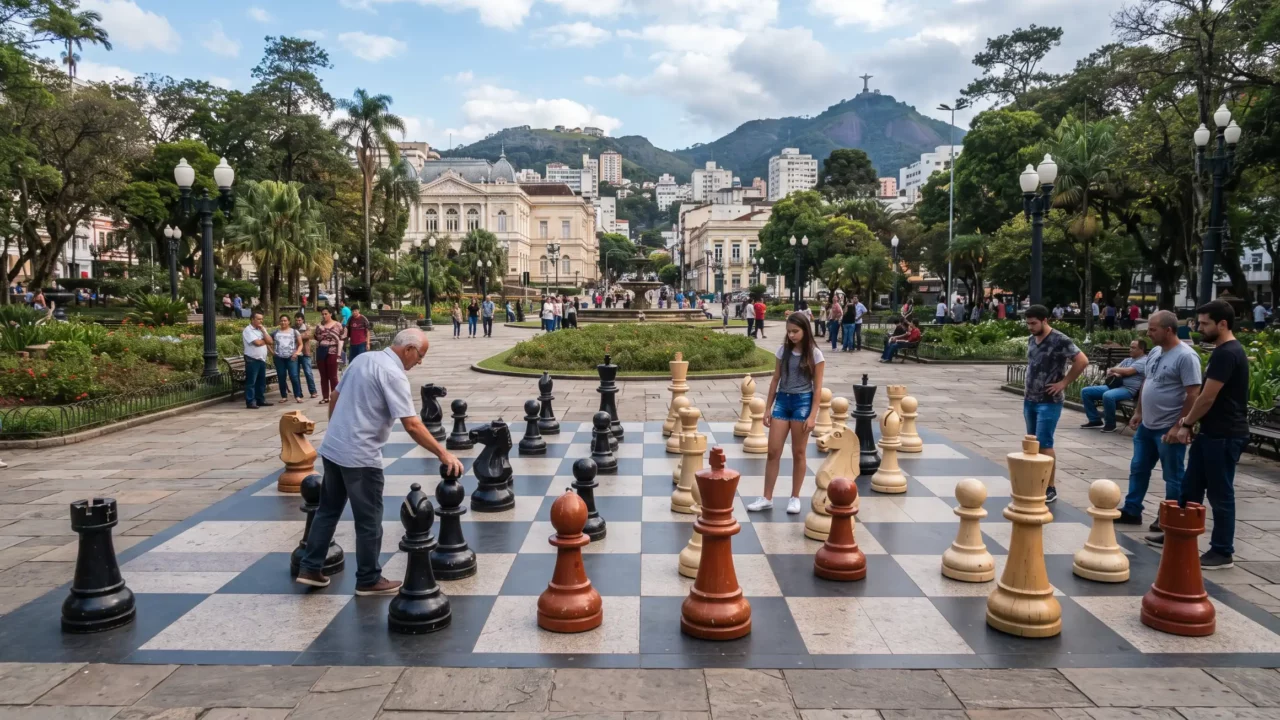 Praça dos Imigrantes e Xadrez Gigante em Poços de Caldas: a cidade transformada num tabuleiro