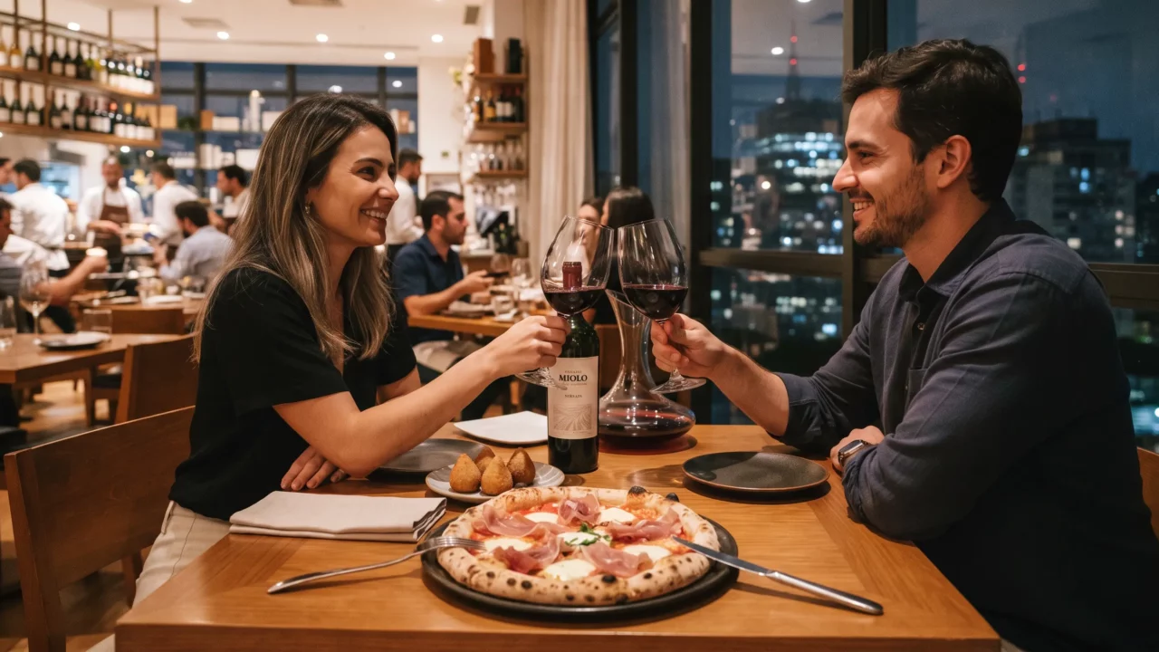 Faça uma imagem sem texto com o tema: Gastronomia paulistana combina com uma viagem dedicada a vinhos