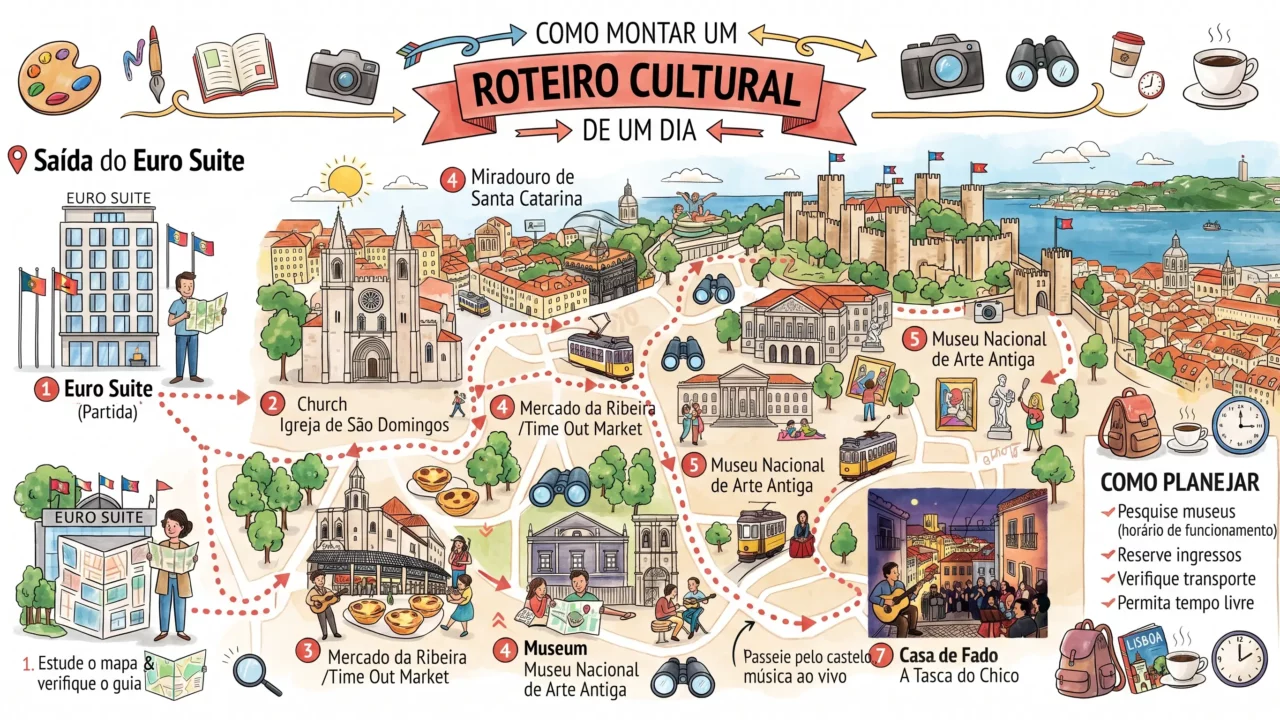 Faça uma imagem sem texto com o tema: Como montar um roteiro cultural de um dia saindo do Euro Suite