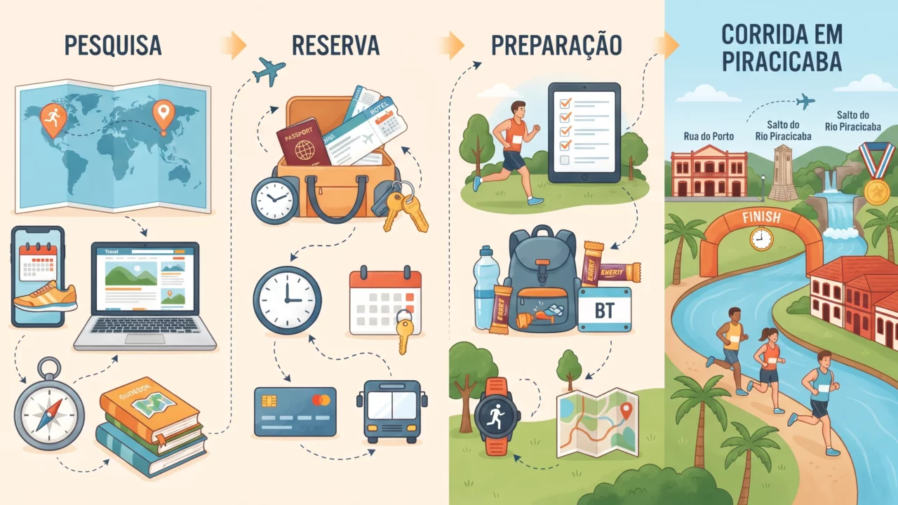 Faça uma imagem sem texto com o tema: Como planejar a viagem para correr 5 km em Piracicaba