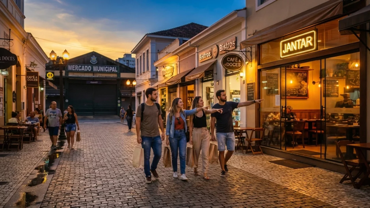 Com o encerramento geral previsto para as 17h, a noite pode incluir uma refeição pela cidade. Os restaurantes, cafés e produtos da gastronomia de Poços de Caldas permitem escolher conforme a disposição do grupo e a distância da hospedagem. Uma compra de queijos e doces funciona melhor em outro horário, antes da feira ou no dia reservado ao retorno. O Mercado Municipal de Poços de Caldas reúne produtos regionais no Centro; conferir seu funcionamento evita deixar essa visita para depois do expediente das bancas.